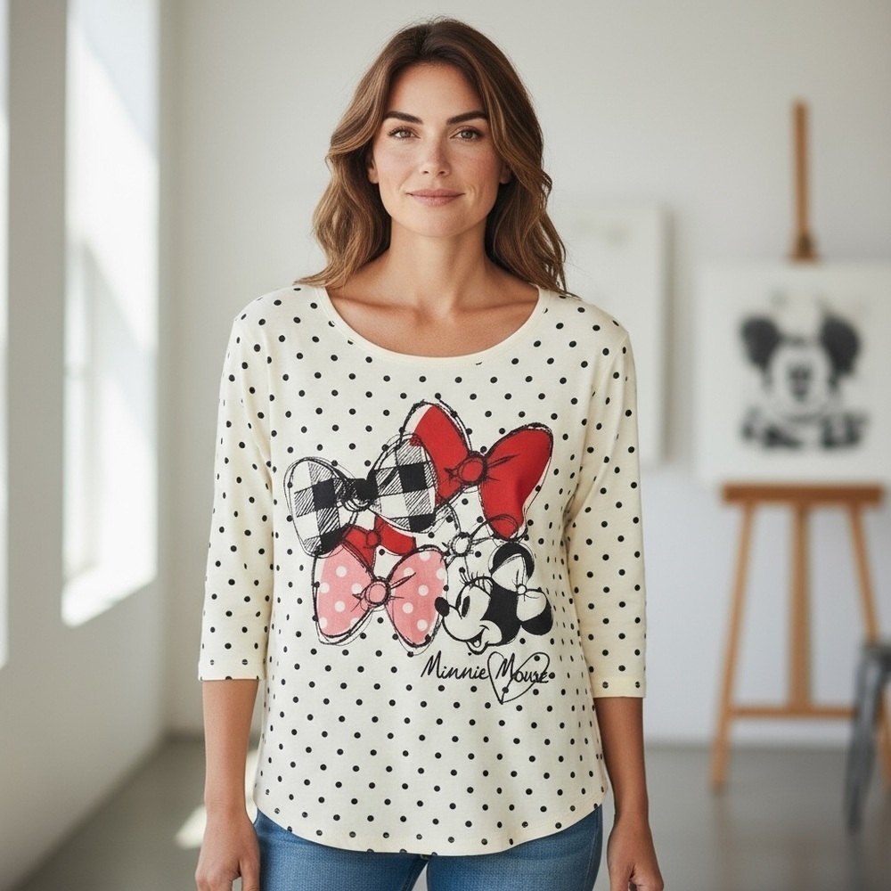 DISNEY PARKS Womens Minnie Mouse Polka Dot Tee With Bows Size M
